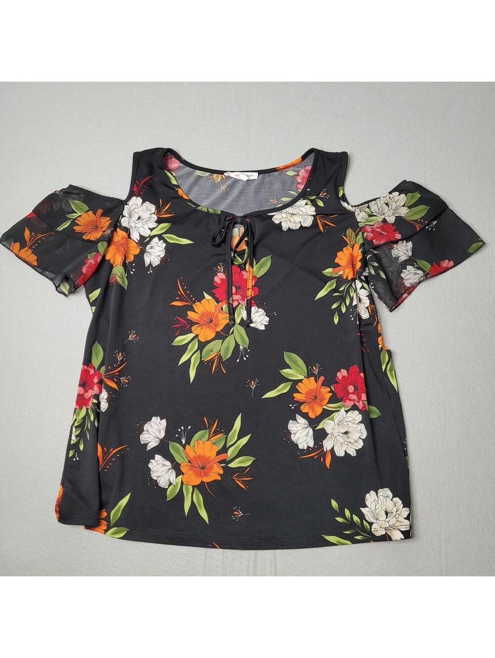 Perseption Concept Navy Floral Cold Shoulder Top Large Strappy Sleeve Tie Neck - Picture 3 of 8